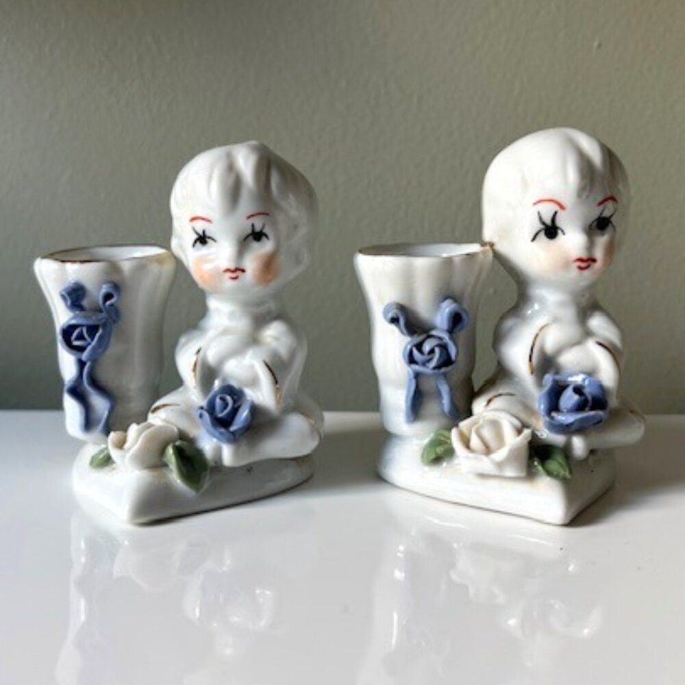 Vintage Kitchy Porcelain Boy Candleholders w Roses on Heart Base-Set of 2